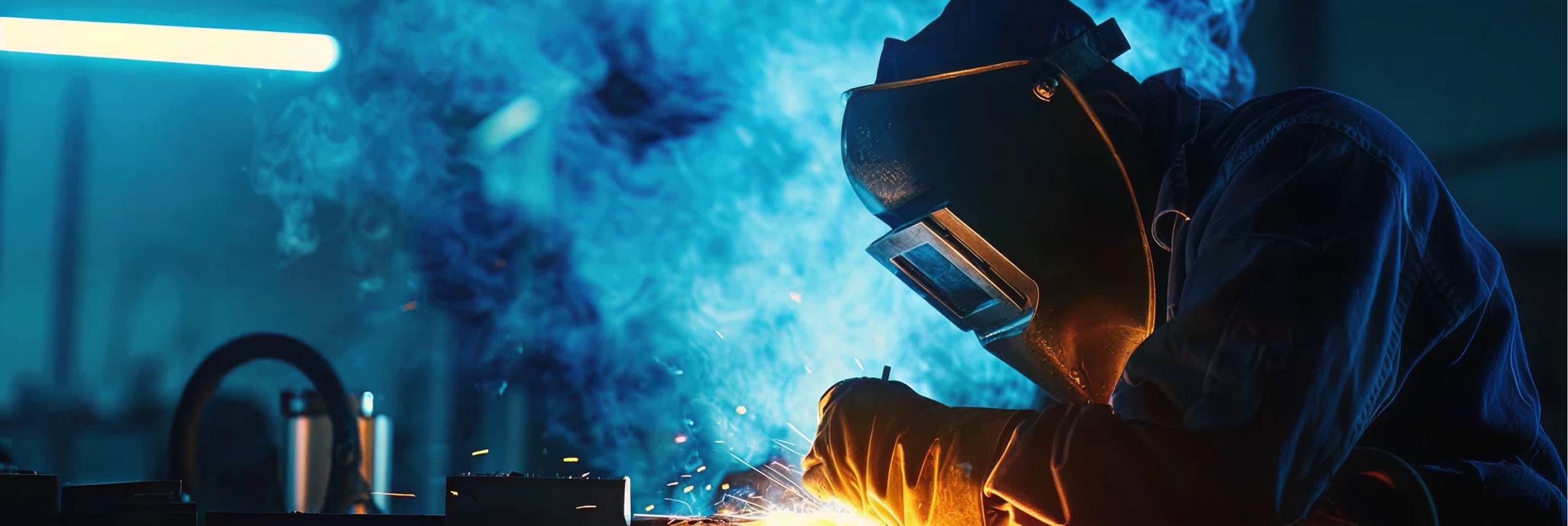 Welder working with blue smoke and sparks